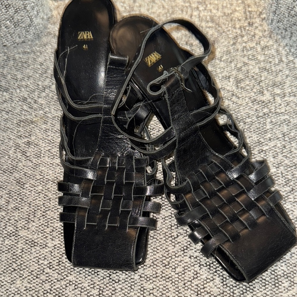 Zara Black Woven Leather Sandals